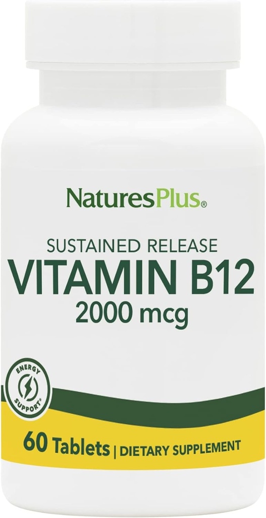 Natures Plus vitamine B12 (méthylcobalamine), libération prolongée - 2000 mcg, 60 comprimés végétariens - Soutien de cellules sanguines rouges de haute puissance - Booster d'énergie naturelle - Sans gluten - 60 portions
