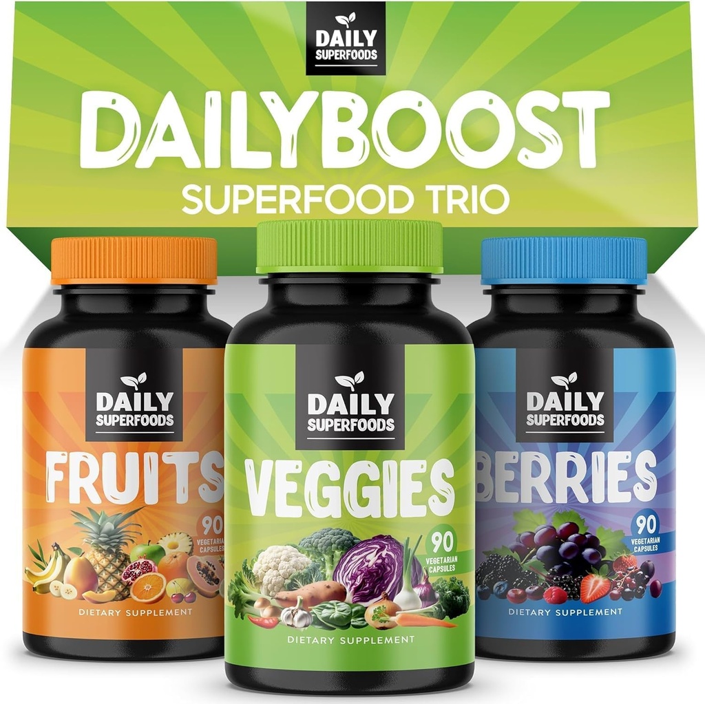 DailyBoost - 42 Different Whole Food Fruits and Veggies Supplement with Berries for Natural Energy Boost - Balance of 100% Fruit and Vegetables Capsules from Nature - Made in The USA