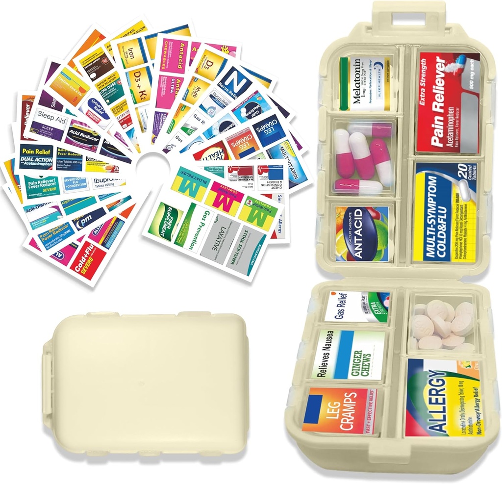 Pill Organizer with Medicine Labels 146 Labels Travel Daily Pill Container Mini Medication Organizer Storage Pill Organizer Travel Essentials Pill Case 7 Day (Beige, 1 Pack(Large))