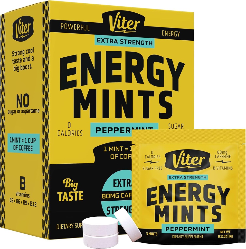 Viter Energy Caféine Menthes 80mg Extra Strength - 90 Pièces Caféiné avec des vitamines B. Booster de focale nootropique pour une alerte rapide (Peppermint Flavor, 30 Pack)