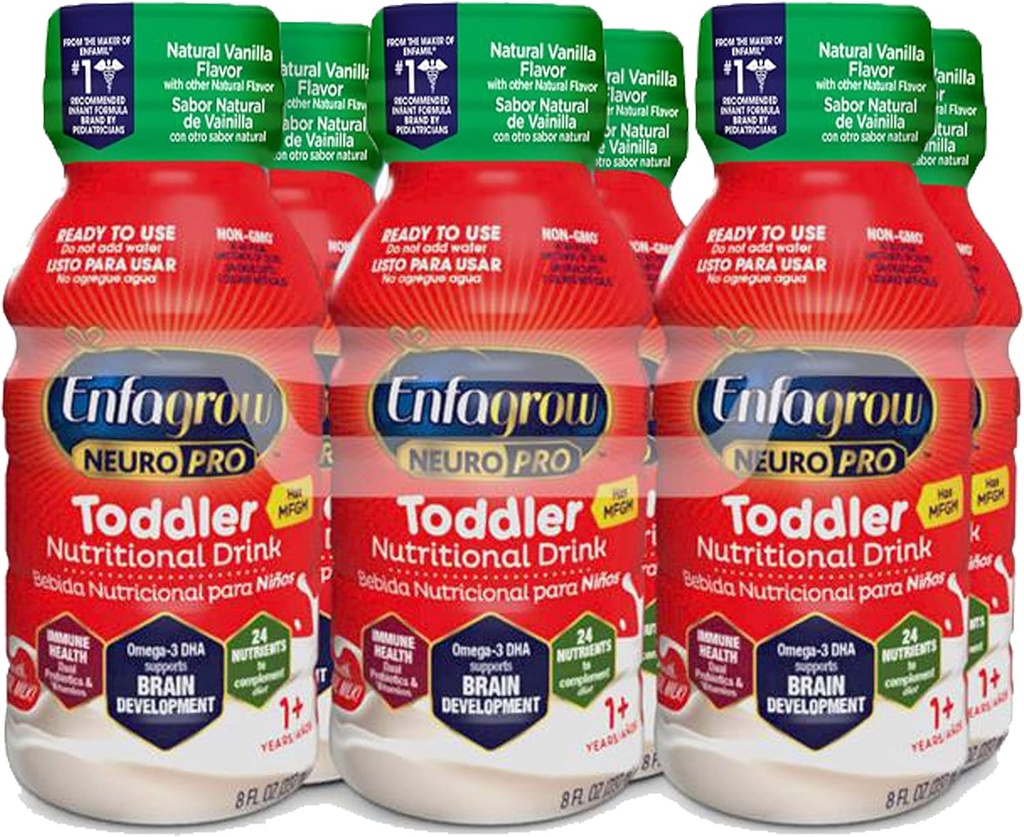 Enfagrow NeuroPro Toddler Boissons alimentaires, Vanilla Flavor, Omega-3 DHA pour le soutien du cerveau, prébiotiques et vitamines pour la santé immunitaire, bouteilles prêtes à utiliser, 8 Fl Oz, 6 Compte