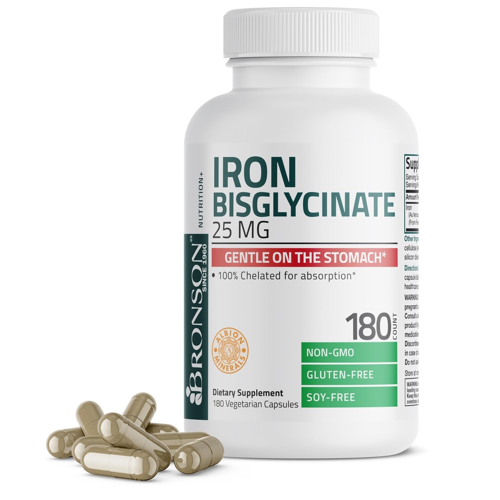 Bronson bisglycinate de fer 25 mg doux sur l'estomac, soutient l'énergie et la production saine de globules rouges - formule non constipante - non OGM, 180 capsules végétariennes
