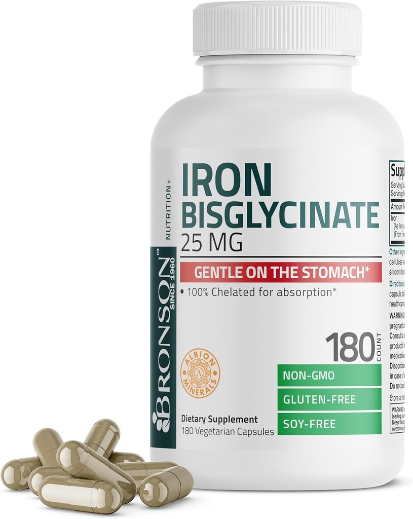Bronson bisglycinate de fer 25 mg doux sur l'estomac, soutient l'énergie et la production saine de globules rouges - formule non constipante - non OGM, 180 capsules végétariennes