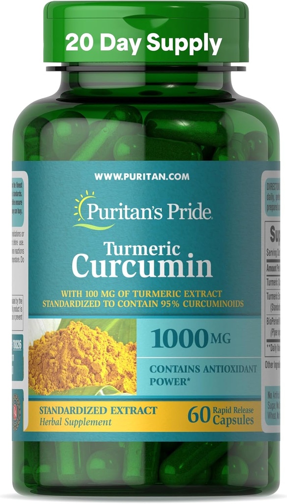 Puritan's Pride Curcumin curcuma 1 000 mg, Standarisé à 95 % Cucuminoïdes, supplément alimentaire à base de plantes pour la santé antioxydante, 60 gélules à libération rapide