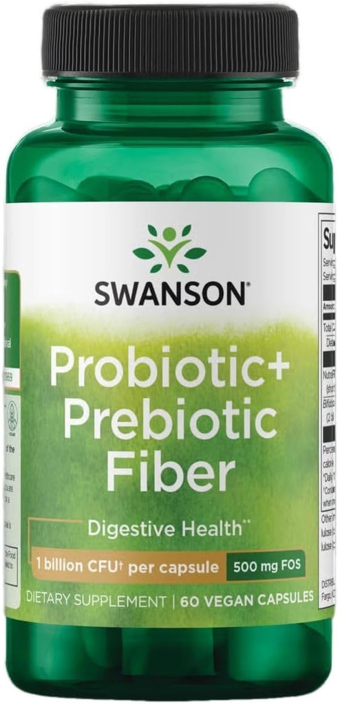 Swanson Fibre prébiotique + probiotique - Supplément naturel favorisant le système digestif et le soutien immunitaire de la santé - Aides Régulière et santé de l'IG - (60 capsules, 500 millions d'UFC chacune)