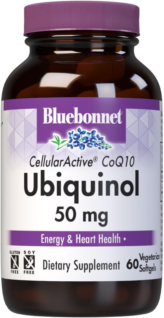 Bluebonnet Nutrition Cellulaire actif CoQ10 Ubiquinol 50 mg Softgels végétariens, santé cardiaque et cellulaire, Ubiquinol de Kaneka, non OGM, sans gluten, sans soja, sans lait, 60 Softgels végétariens