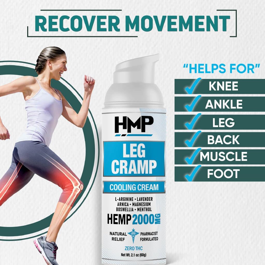 Leg Cramp Support 2000mg Hemp Cream Maximum Strength Relief for Legs Calf, Knee, Foot w Magnesium Arginine Lavender Menthol Made in USA Natural Formula 2.1oz