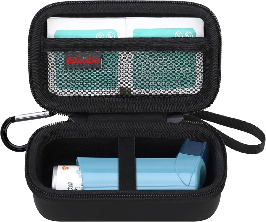 Elonbo Asthma Case de transport d'inhalateur, Voyage Organisez sac de support pour l'inhalateur Ventolin, extra intérieur Mesh poche convient à la médiction d'asthme, noir+intérieur noir (CASE SEULEMENT! Médecine inhalée non incluse)