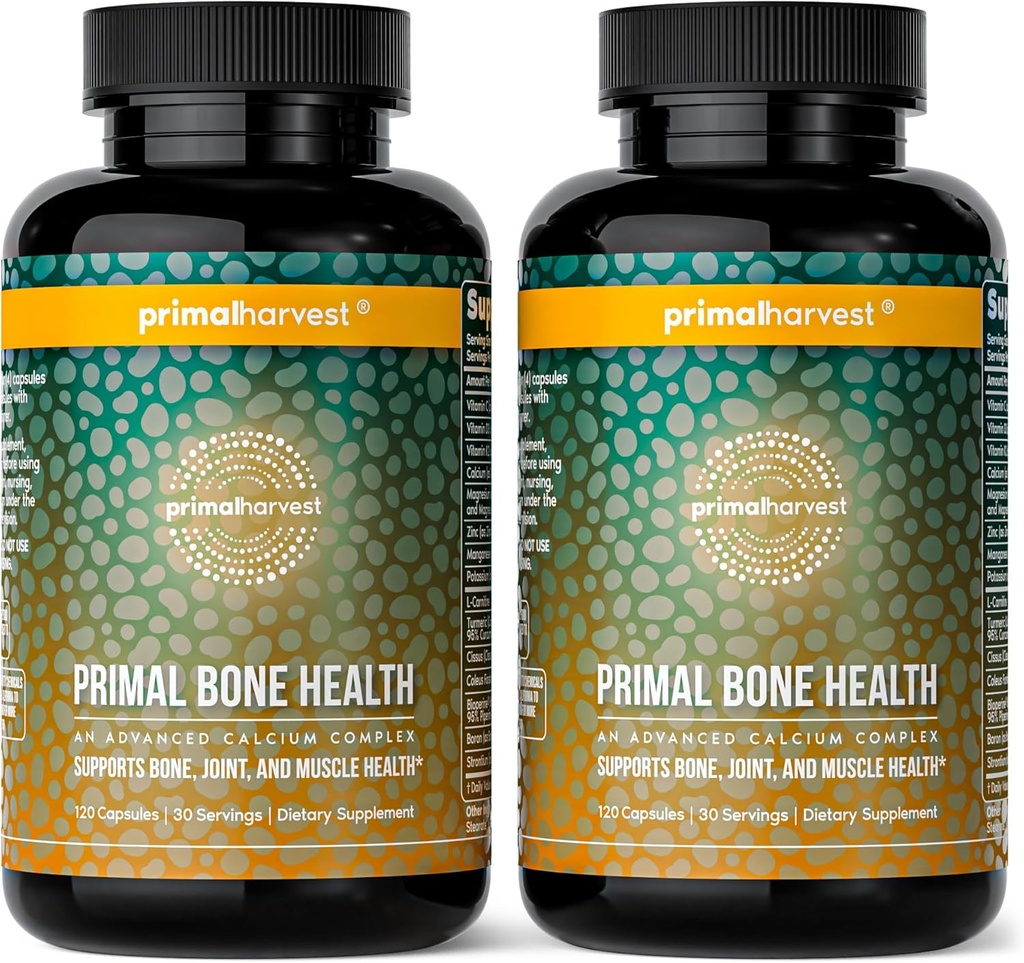 Primal Harvest 2 Pack, Primal Bone Health Complexe de santé au carbonate de calcium pour hommes et femmes avec du calcium, du magnésium, du zinc, du manganèse, du potassium et de la L-Carnitine (240 capsules)
