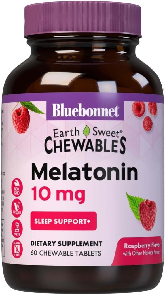 BlueBonnet Nutrition EarthSweet Melatonin 10 mg à action rapide Dissolve la nuit relaxation et repos de sommeil - Aide au sommeil - Sans gluten, végétalien - Arôme framboise - 60 comprimés à croquer