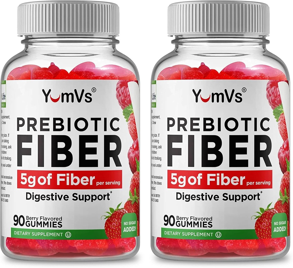 Yum-Vs - Gommies de fibre prébiotiques pour les adultes et les enfants - Supplément de fibre gommy digestionnelle 5g - Supplément de fibre prébiotique quotidien pour les femmes et les hommes - Pas de sucre ajouté Fibre alimentaire (90 comte)