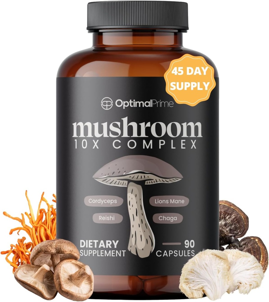Supplément complexe de champignons Optimal Prime 10x - Lions Mane, Cordyceps, Turquie Tail pour l'immunité, l'énergie, l'humeur, Focus - Booster de santé naturelle, 90 capsules