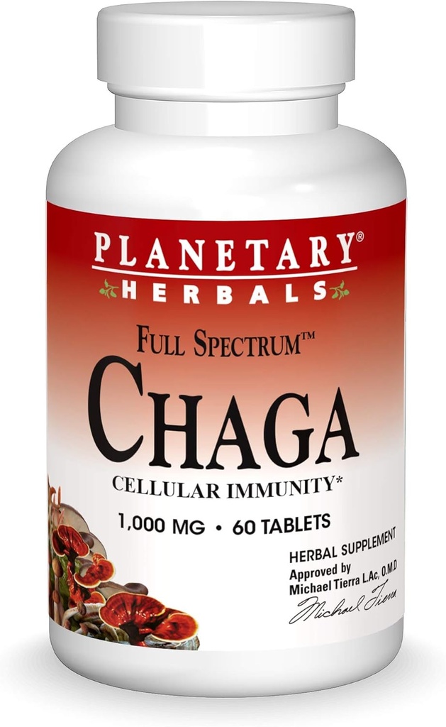 Herbals planétaires Chaga plein spectre, améliorer l'immunité cellulaire, 60 comprimés