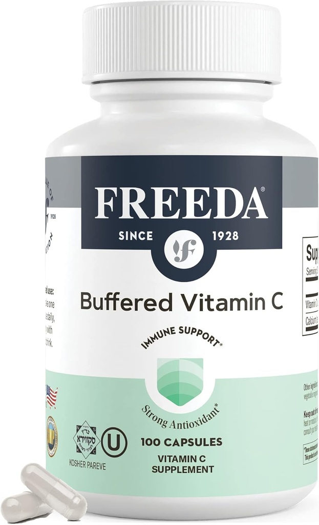 FREADA Vitamine buvée C 500mg – Ascorbate de calcium non acide – Support immunitaire et antioxydant – Casher, doux sur l'estomac – 100 Capsules