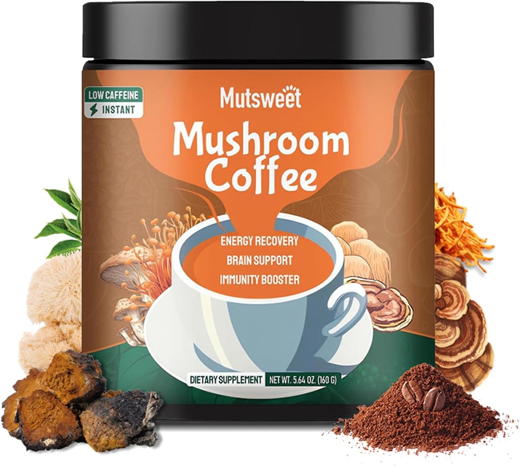 Champignon Café Decaf, Avancé 13 en 1 Champignon Poudre avec Lions Mane, Cordyceps, Chaga, Reishi, Supplément de Champignon de Café instantané avec Adaptogènes Rhodiola pour Immune, Focus, Energie