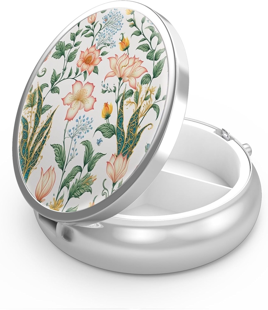 Pill Box 3 Compartiment Médecine Pill Case, Portable pour Pocket ou Purse Pill Box Decorative Metal Medicine Vitamine Organizer Cadeau unique (Floral Flower)