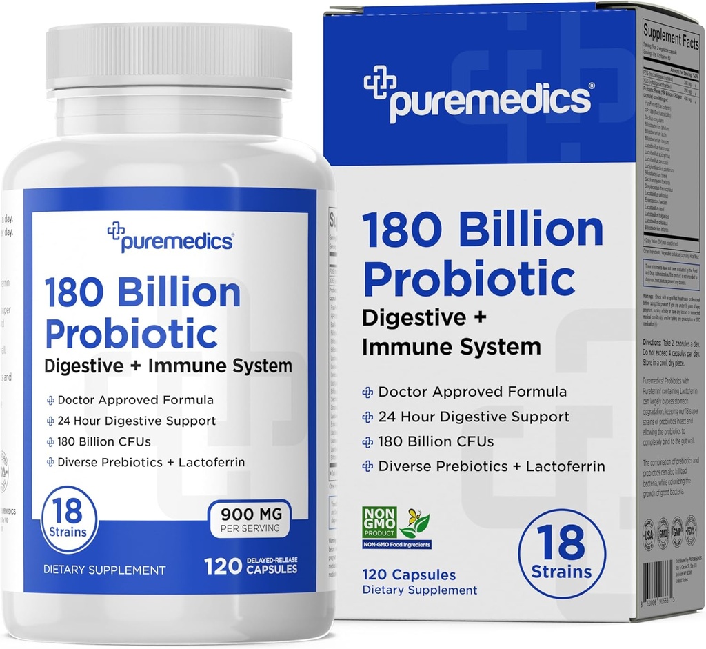 Formule de choix Probiotiques 180 milliards CFU - 18 souches + lactoferrine + prébiotiques - Santé immunitaire, digestive et gustative - Constipation, diarrhée, gaz et ballonnement - pour les femmes et les hommes - 120ct