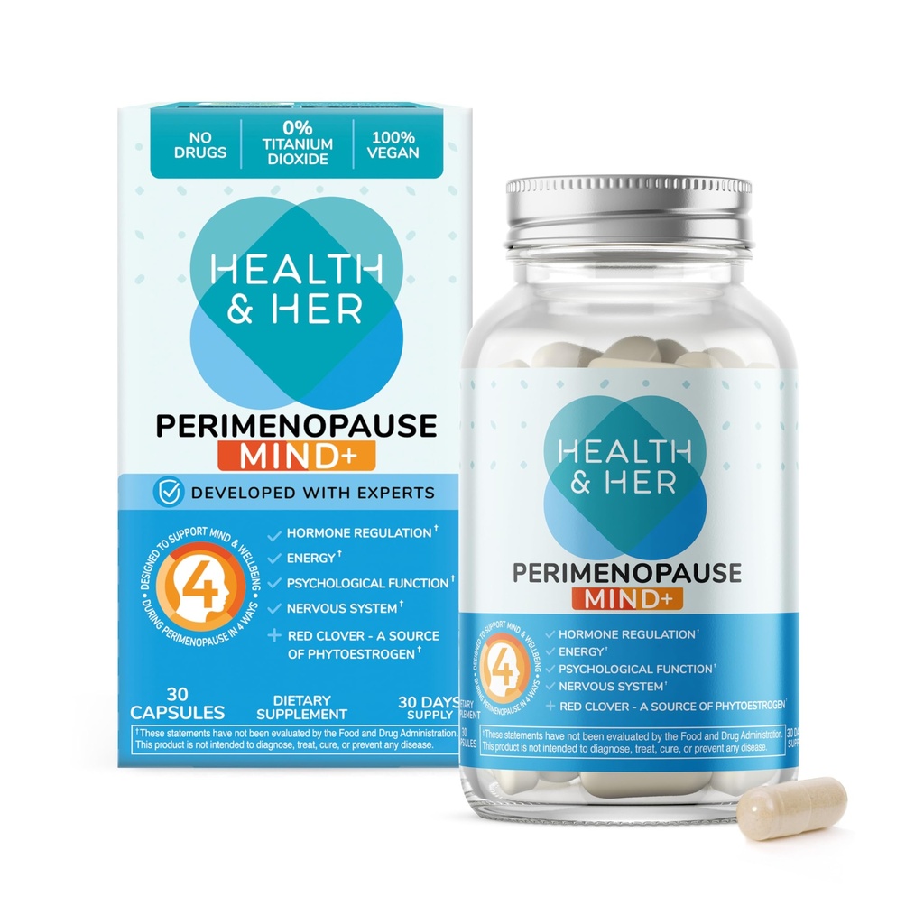 Santé et sa périménopause Mind+ soutien de la fonction cognitive, pour le stade précoce de la ménopause, énergie mentale, suppléments pour les femmes avec des vitamines, sans gluten, non-OGM, végétalien (30 ct - 1 mois)