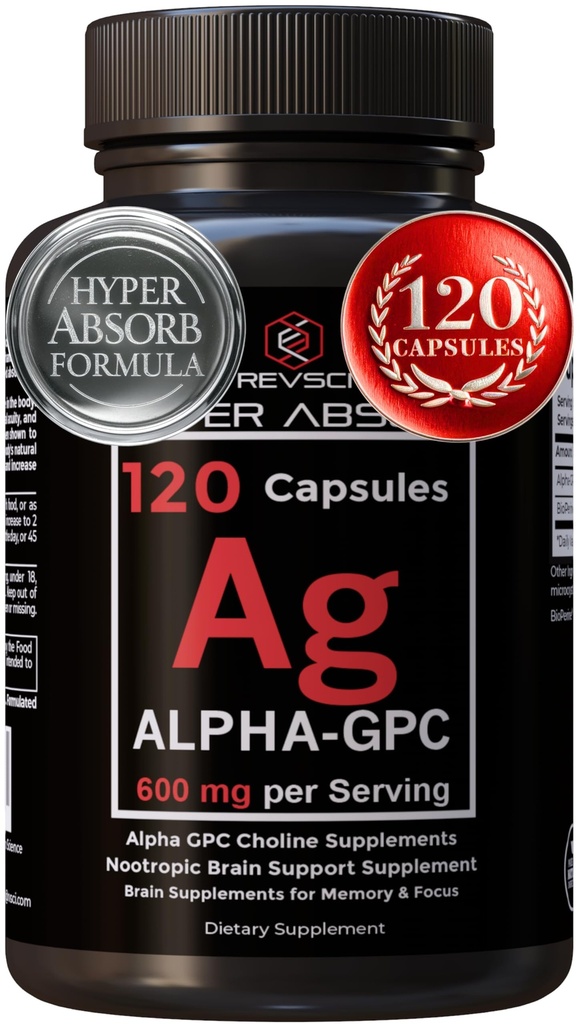 Supplément Alpha GPC & BioPerine pour Hyper Absorption - 120 Compte, Alpha-GPC 600mg par service - Nootropics pour Mémoire, Focus, Énergie, & Drive - Suppléments Choline pour stimuler l'acétylcholine, Fabriqué aux États-Unis