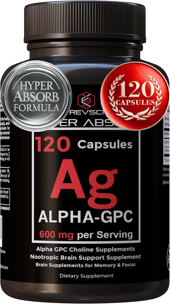 Supplément Alpha GPC & BioPerine pour Hyper Absorption - 120 Compte, Alpha-GPC 600mg par service - Nootropics pour Mémoire, Focus, Énergie, & Drive - Suppléments Choline pour stimuler l'acétylcholine, Fabriqué aux États-Unis