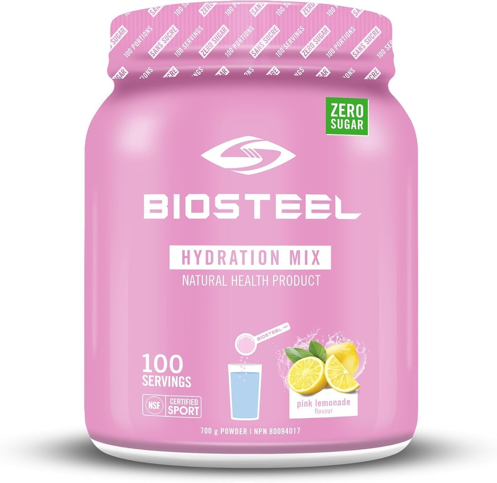 BIOSTEEL Zéro mélange d'hydratation de sucre, grande hydratation de dégustation avec 5 électrolytes essentiels, citronade rose, 100 portions par tube