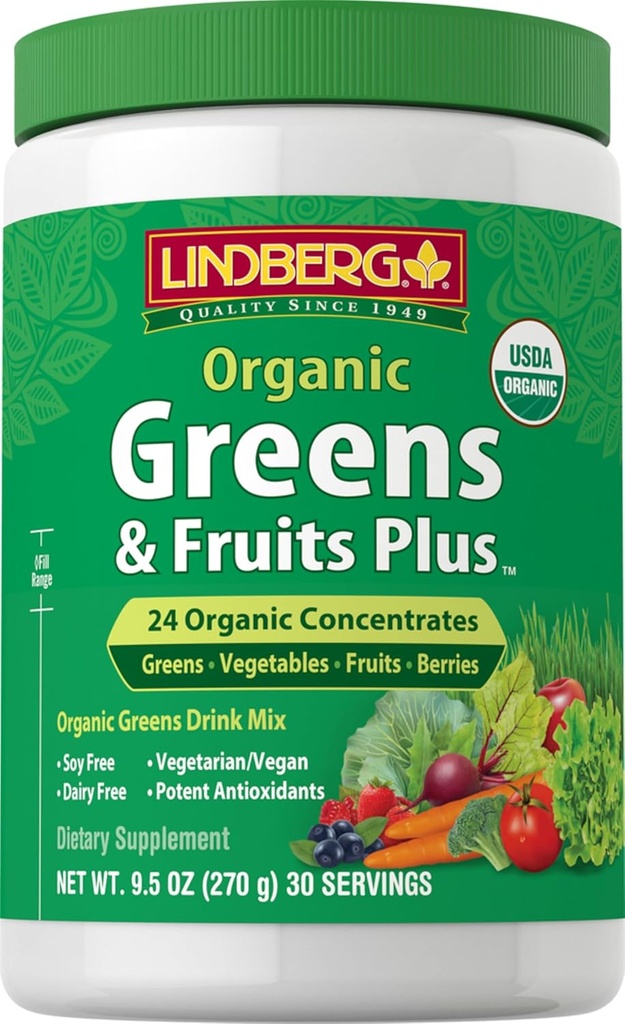 Lindberg Poudre biologique de fruits et légumes 9,5 oz, vert Mélange de boissons 28 Concentrés Plus, végétalien, non-OGM, supplément sans gluten