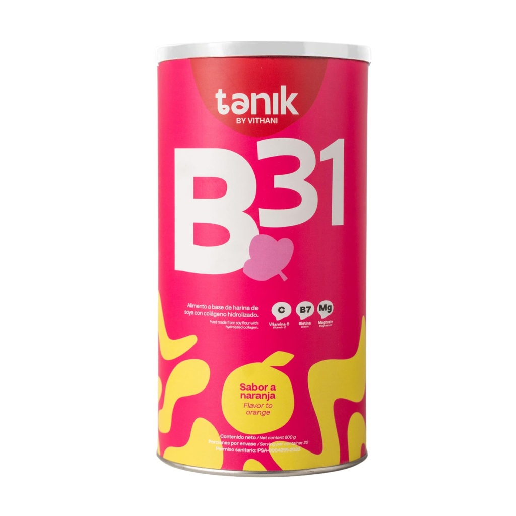Vithani B31 Colageno avec Citrate de magnésium, Vitamine D, Vitamine E et Biotine – Collagène Plus Vitamine C pour la peau, les cheveux et les ongles, Arôme orange, 20 portions