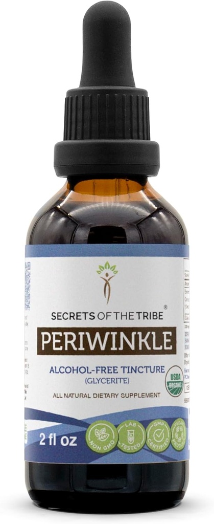 Secrets de la Tribe Periwinkle USDA Organic (Extrait sans alcool, gouttes à base de plantes de haute puissance) Fabriqué à partir de 100% certifié biologique Periwinkle (Vinca Major) Herbe séchée (2 oz)