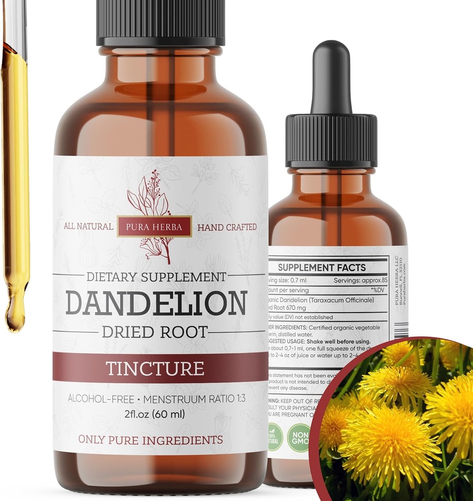Teinture de racine de dandelion 2 oz – Extrait d'herbe sans alcool – 670 mg par portion – Glycérine-basée, végétalien, non-OGM, sans sucre ajouté – Dandelion gouttes de supplément liquide