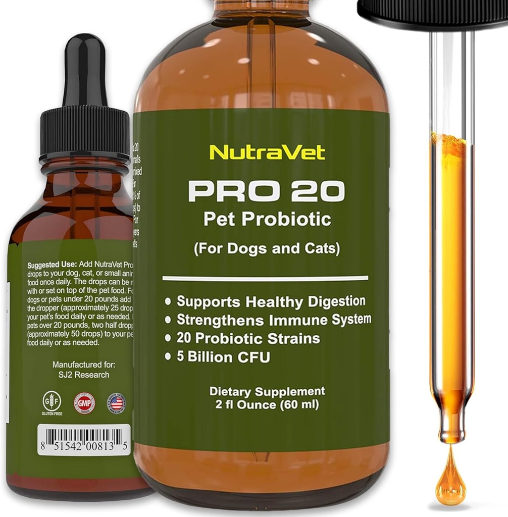 Probiotiques pour chiens et probiotiques pour chats - 120 portions (1/2ml). Enzymes digestifs 100% naturels pour le soulagement du gaz et la digestion saine. Prébiotiques via Vitamines liquides pour Constipation & Fuite Gut
