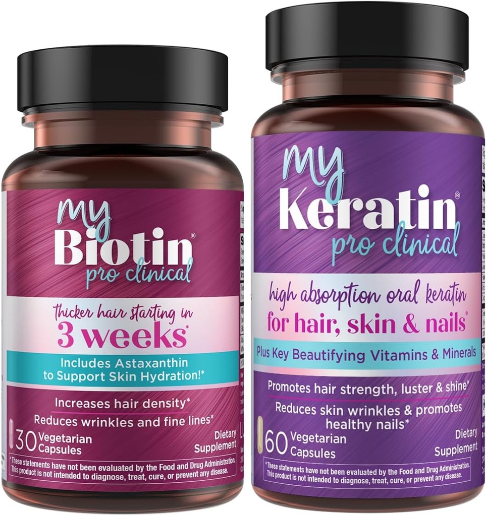 Purety Products Bundle - MyBiotin ProClinical + MyKeratin Advanced Hair Therapy MyBiotin ProClinical (Biotin, MB40X Matrix, Astaxanthin) - MyKeratin (Prochaine génération de cheveux, peau et ongles kératine)