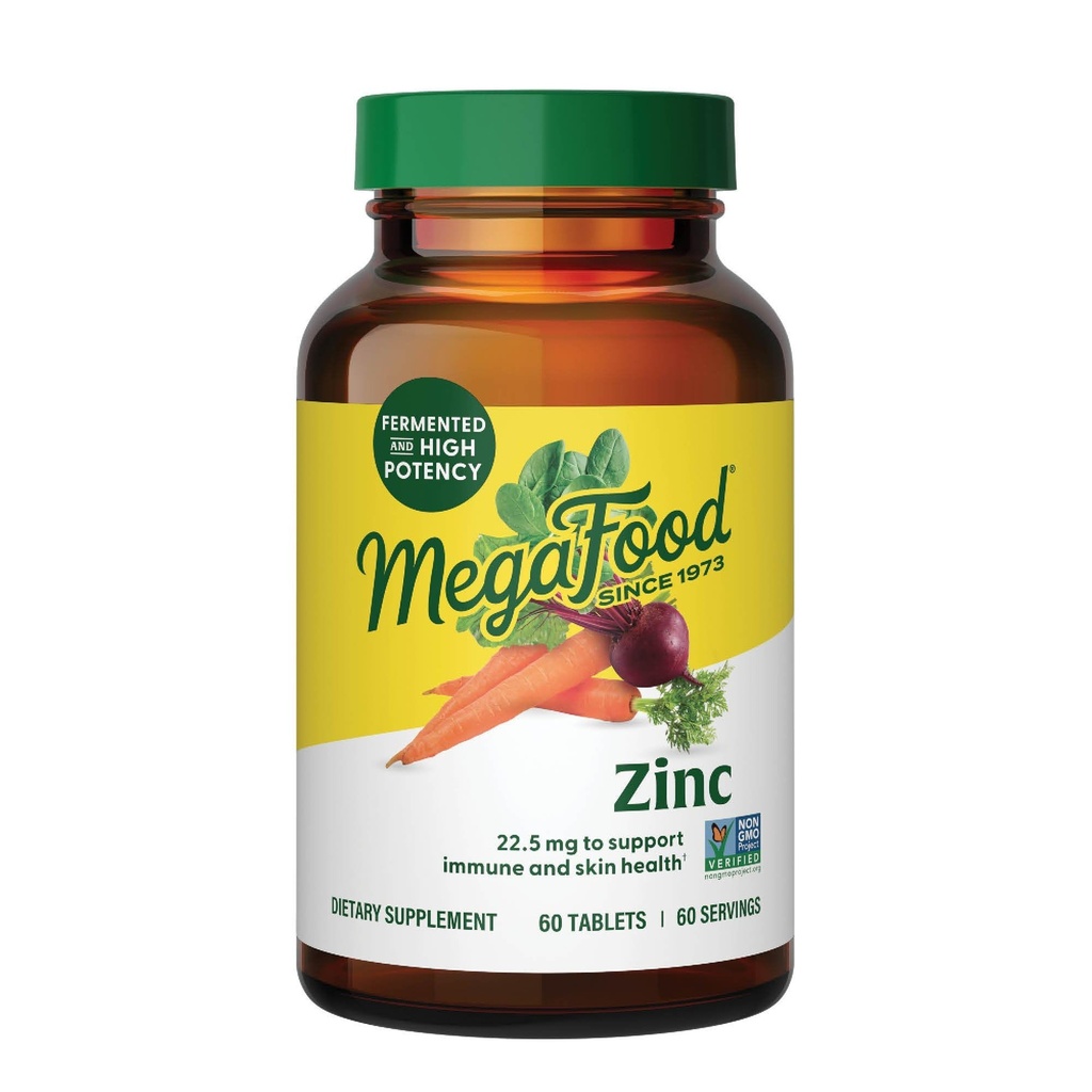 Suppléments de Zinc MegaFood - Supplément de soutien immunitaire végétalien avec 22,5 mg de zinc fermenté à haute puissance - fait avec de la nourriture réelle - sans gluten, casher - 60 comprimés, 60 portions