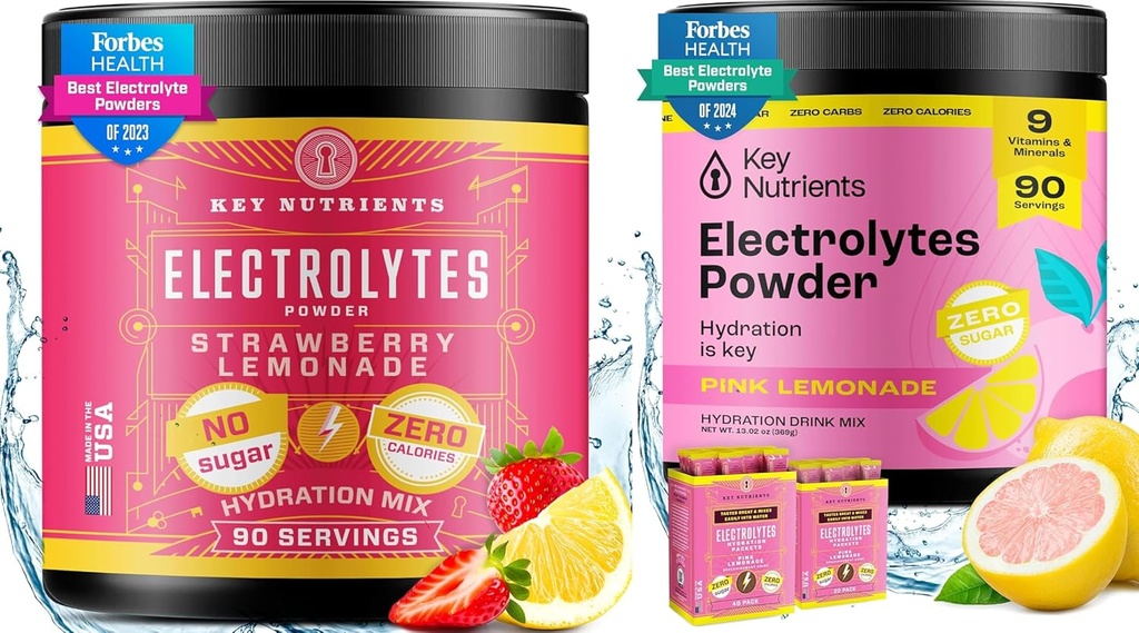 CLÉS NUTRIENTS Électrolytes et mélanges de poudre d'hydratation multivitamine – Cimonade de fraise juteuse et poudres d'électrolyte de citronade rose frais (90 portions chacune) – sans sucre, amis kéto, sans calories