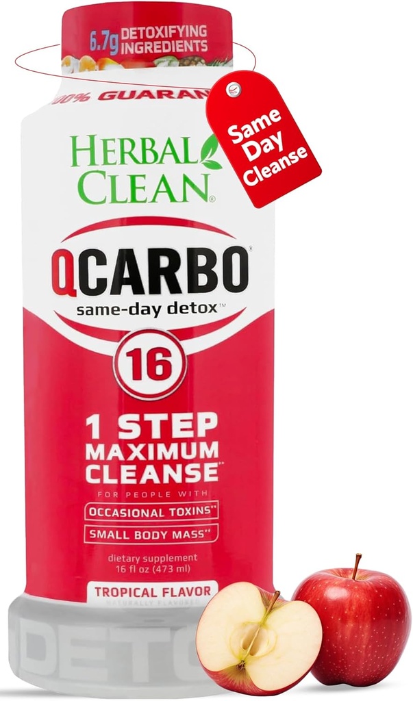 Herbal Clean Qcarbo16 Detox Cleanse Drink de même jour (16 fl oz) - Saveur tropicale Nettoyage complet du corps* Detox Drink for Modéré Texin Level*, Vitamine B2 et Vitamine B12 pour hommes et femmes