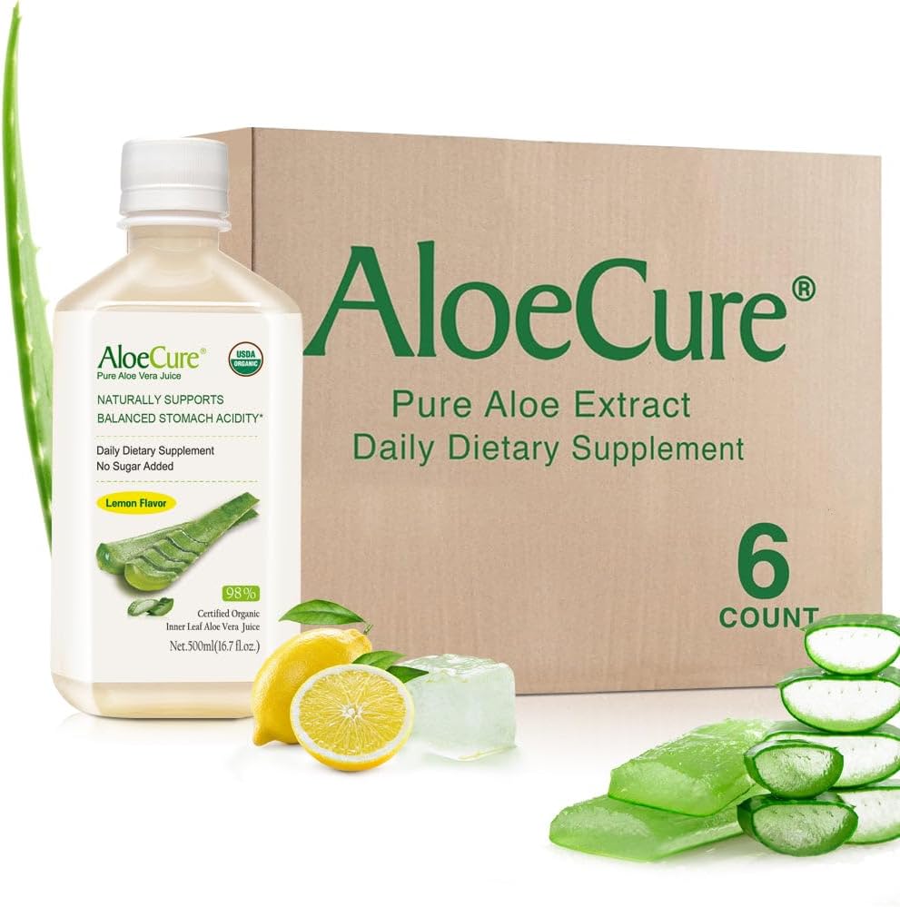 AloeCure USDA Bio Aloe Vera Juce Lemon Flavor - Fabriqué dans les 12 heures de la récolte - Supplément digestif naturel pour l'acidité équilibrée de l'estomac - Soutien santé digestif et immunitaire, 6 Btls x 16,7oz
