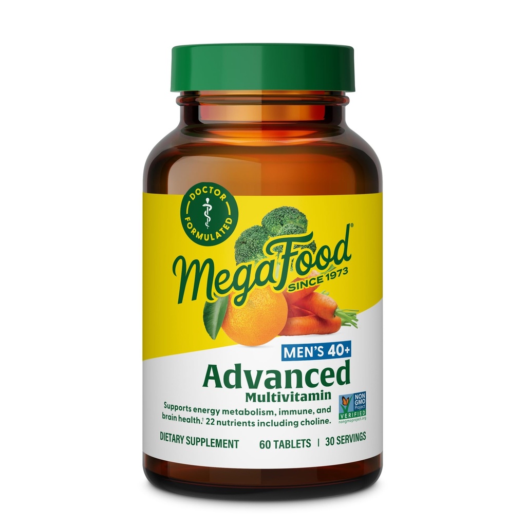 Multivitamine avancée pour hommes de 40+ MegaFood - Dr-formulé - Choline, vitamine B, vitamine C, vitamine D, zinc et aliments réels - Santé du cerveau, soutien immunitaire - Végétarien - 60 onglets (30 portions)