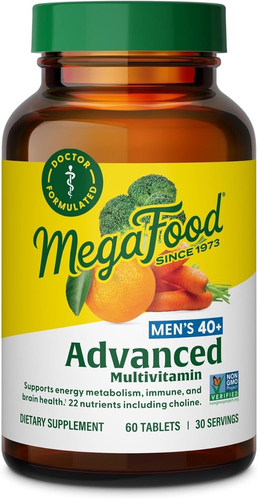 Multivitamine avancée pour hommes de 40+ MegaFood - Dr-formulé - Choline, vitamine B, vitamine C, vitamine D, zinc et aliments réels - Santé du cerveau, soutien immunitaire - Végétarien - 60 onglets (30 portions)