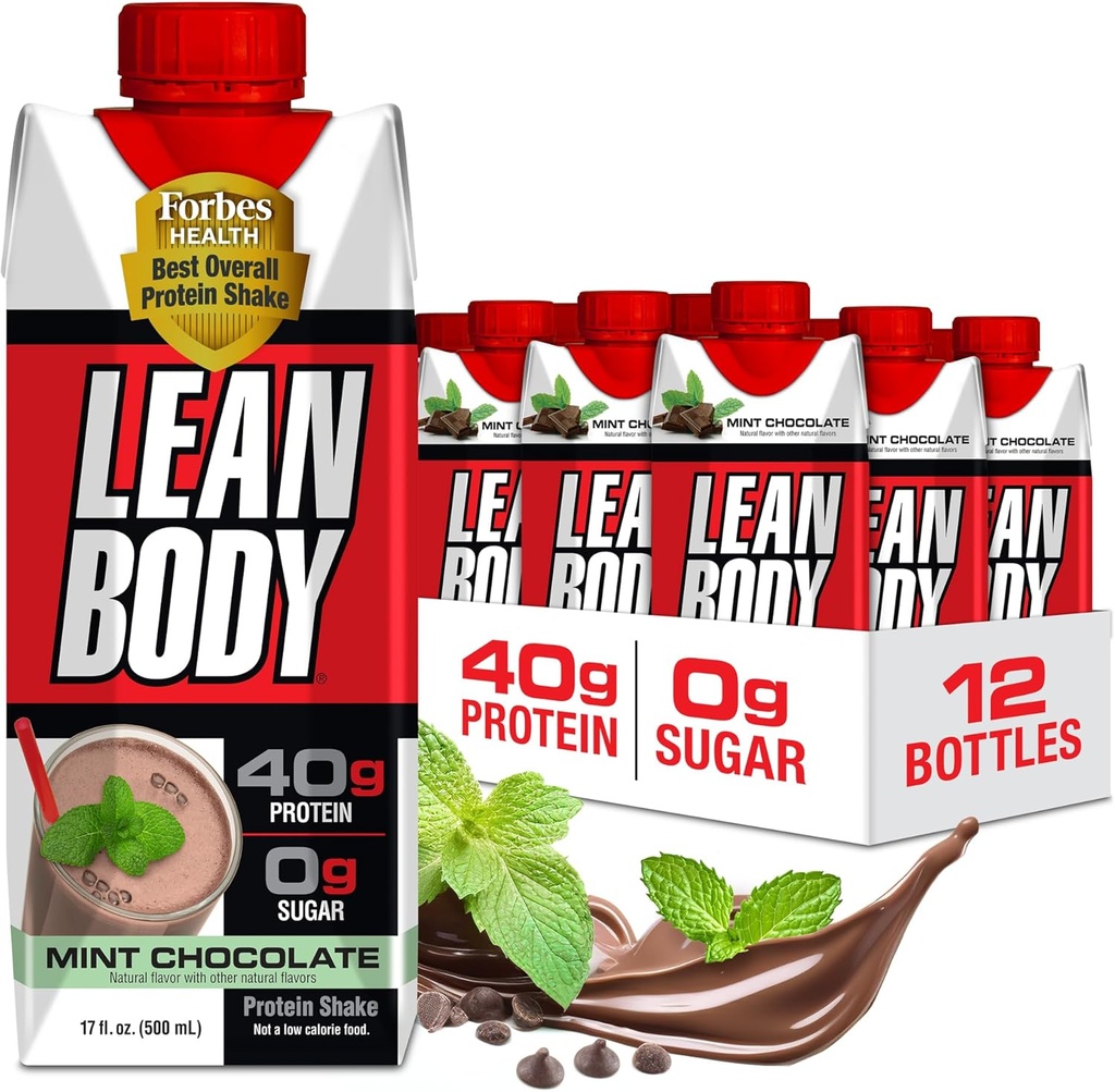 Labrada Lean Corps prêt à boire Chocolate de menthe, 40g de protéines, mélange de lactosérum, 0 sucre, sans gluten, 22 vitamines et minéraux, (carton recyclable et couvercle - boîte de 12) LABRADA