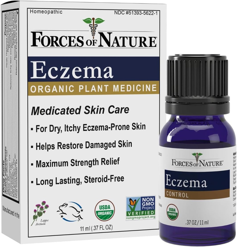 Forces de la nature Eczéma contrôle, soulagement de la peau sensible, sèche et démangeaisons, soins de la peau sans stéroïdes pour les brûlures, traitement de l'eczéma pour les adultes, médecine homéopathique biologique, action rapide, 11ml (0,37 fl oz)