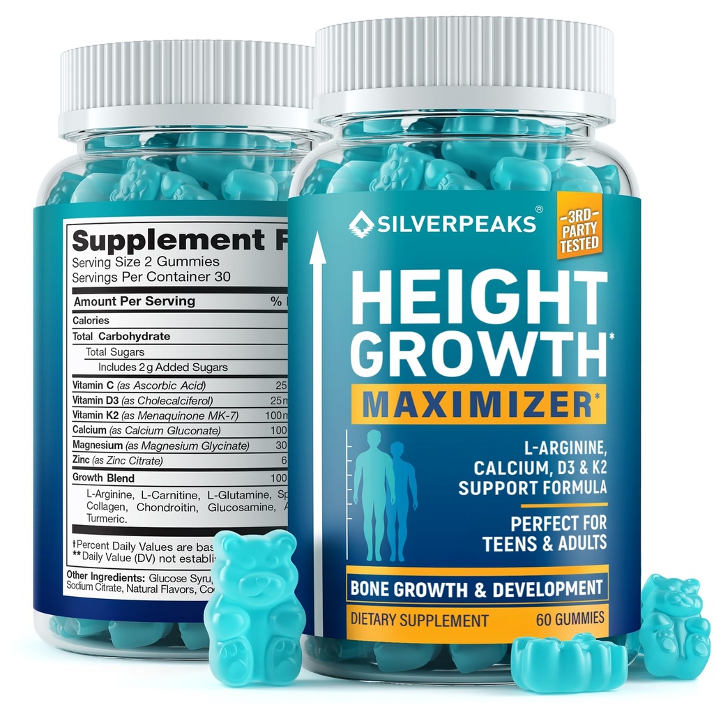 SILVERPEAKS Gommies de croissance en hauteur pour les enfants, les adolescents et les adultes - Supplément de croissance en hauteur avec Calcium, Vitamines D3 & K2, Magnésium, Zinc pour la force osseuse et augmentation de la hauteur - 60 Gommes