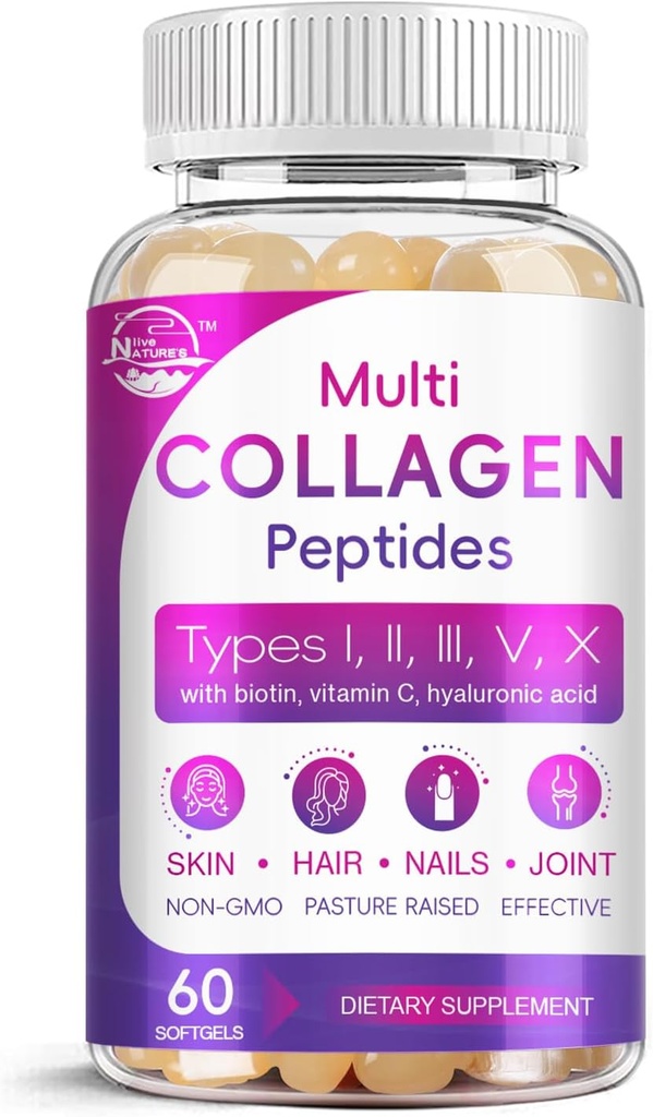Multi collagène Peptides Softgel - Type I, II, III, V, X - Peptides de collagène hydrolysés avec biotine, vitamine C, acide hyaluronique, soutient les ongles de cheveux de peau, gazon, non-OGM, 60 Softgel, 1 emballage