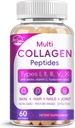 Multi collagène Peptides Softgel - Type I, II, III, V, X - Peptides de collagène hydrolysés avec biotine, vitamine C, acide hyaluronique, soutient les ongles de cheveux de peau, gazon, non-OGM, 60 Softgel, 1 emballage