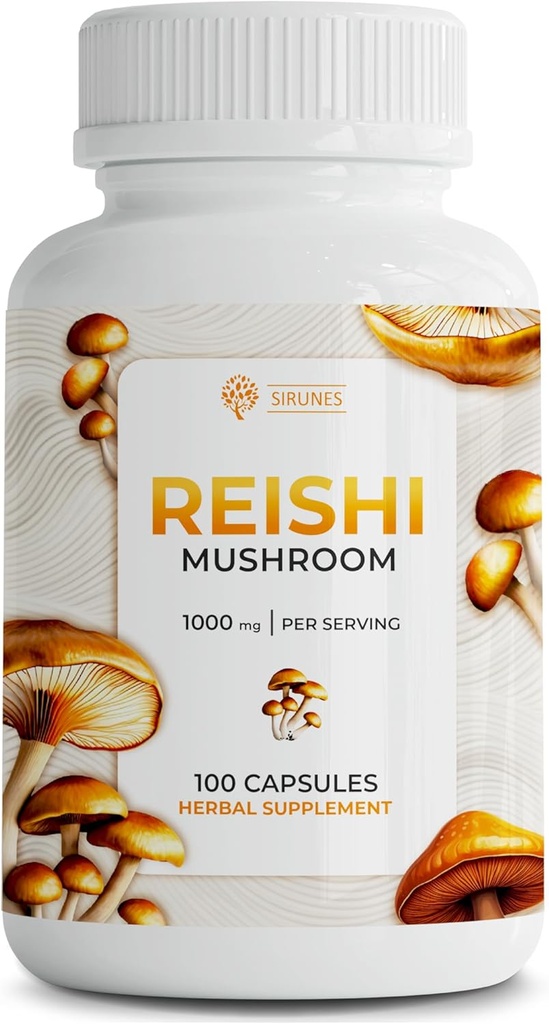 SIRUNES Reishi Capsules de champignons – Supplément de champignons Reishi 100-Count pour le stress et le soutien immunitaire – 1000mg Capsules de champignons Adaptogènes à haute résistance – Non-OGM et naturel
