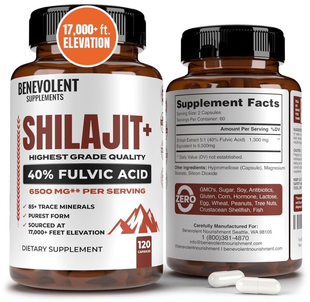 6 500mg Supplément Shilajit avec 40% d'acide fulvic (haute absorption)