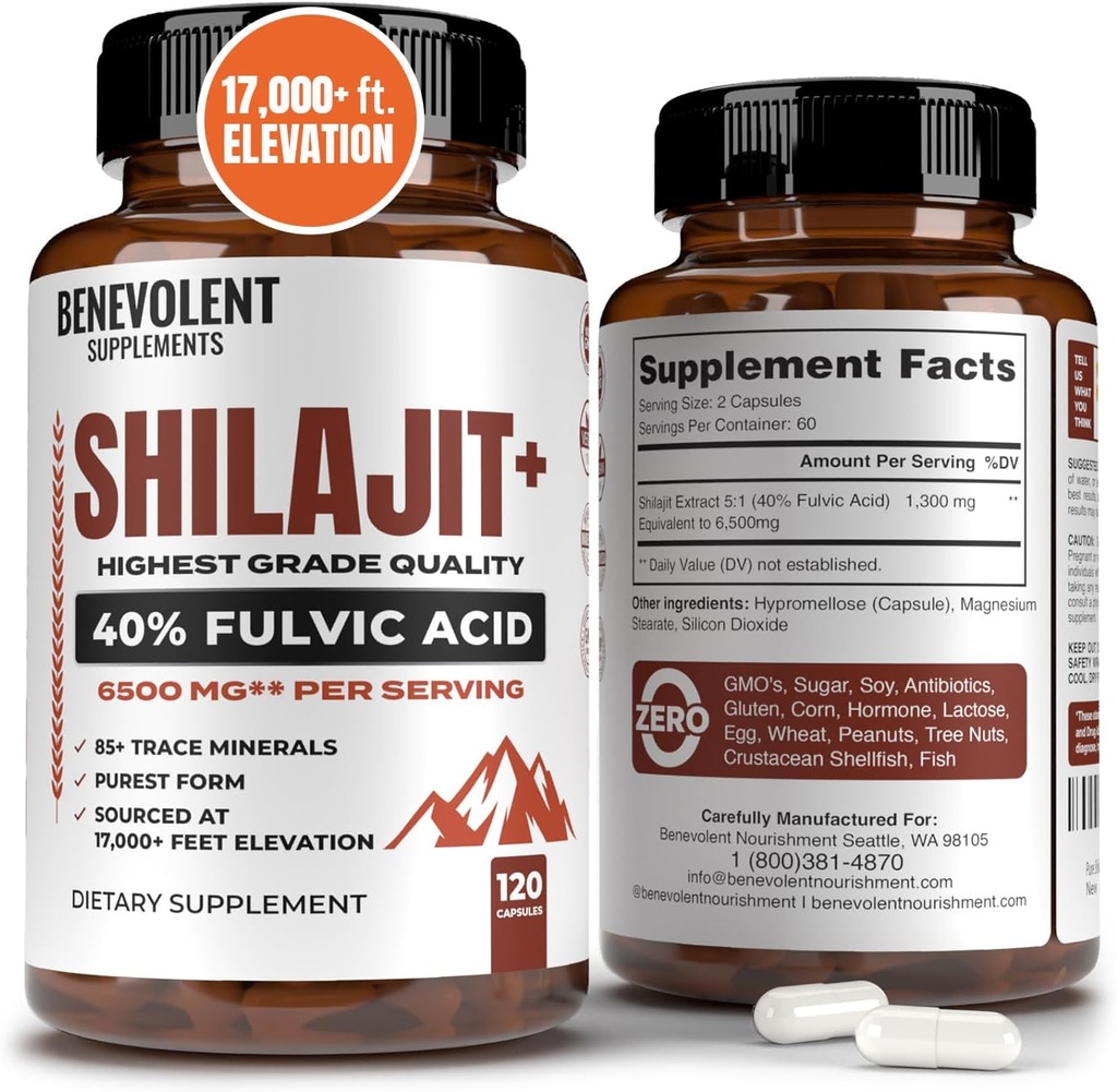 6 500mg Supplément Shilajit avec 40% d'acide fulvic (haute absorption)