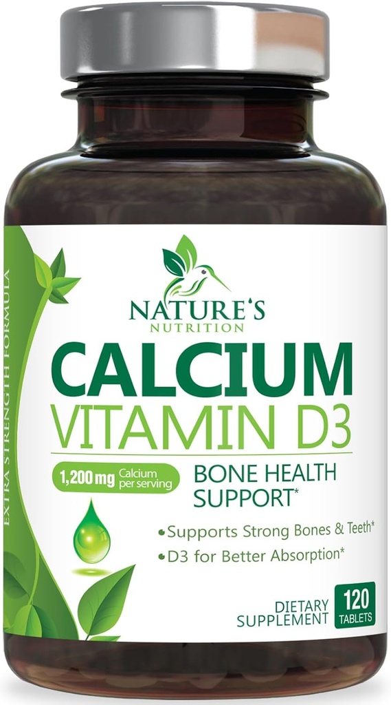 Supplément de calcium 1200 mg - avec vitamine D3 pour la meilleure absorption - Supports Imune Health, Bones & Dents - Le carbonate de calcium de la nature + 1600 UI de D3 - mis en bouteille aux États-Unis pour les femmes et les hommes - 120 comprimés