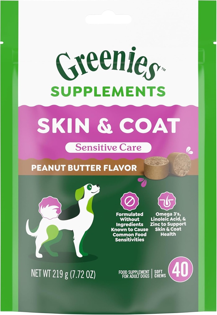 Greenies Soins sensibles Supplément de peau et de manteau pour chiens avec huile de poisson pour chiens Supplément de formule de chien sans poulet, goût de beurre d'arachide, 40-Count Soft Chews