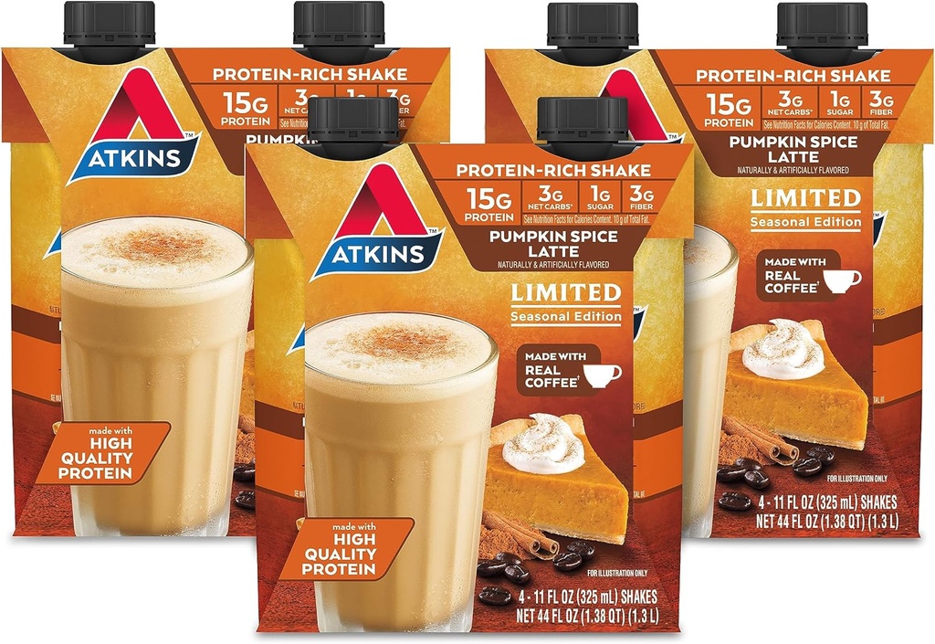 Latte d'épice de citrouille Atkins, 15g de protéines, 3g de glucides nets, 1g de sucre, faible glycémie, Keto amical, 12 comte