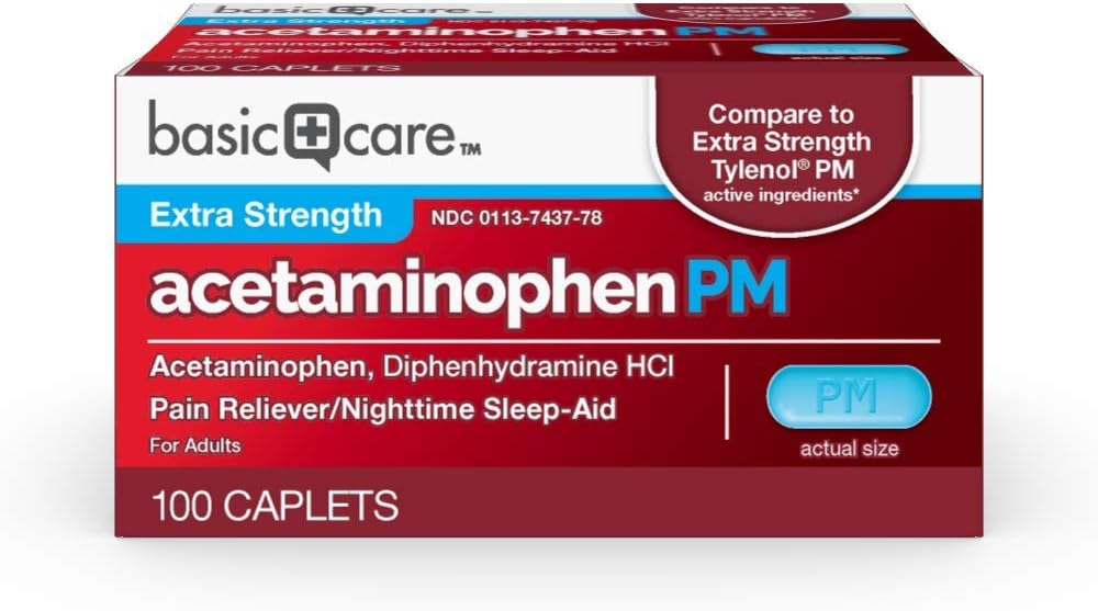 Soins de base Acétaminophène PM, analgésique Plus Caplet d'aide au sommeil nocturne, 100 Compte