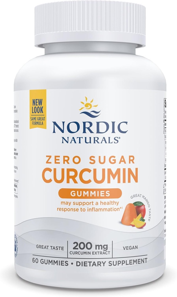 Nordic Naturals Zéro sucre Curcumine Gummies, Mango - 60 Gummies - 200 mg Extrait de Curcumine optimisé - Grand goût - Soutien antioxydant, équilibre métabolique sain - Non-OGM, végétalien - 30 portions